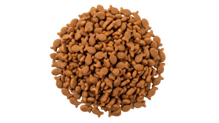 Isolated pile of dry pet food for cats in shape of small fishes on seamless background