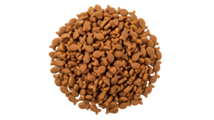 Isolated pile of dry pet food for cats in shape of small fishes on seamless background