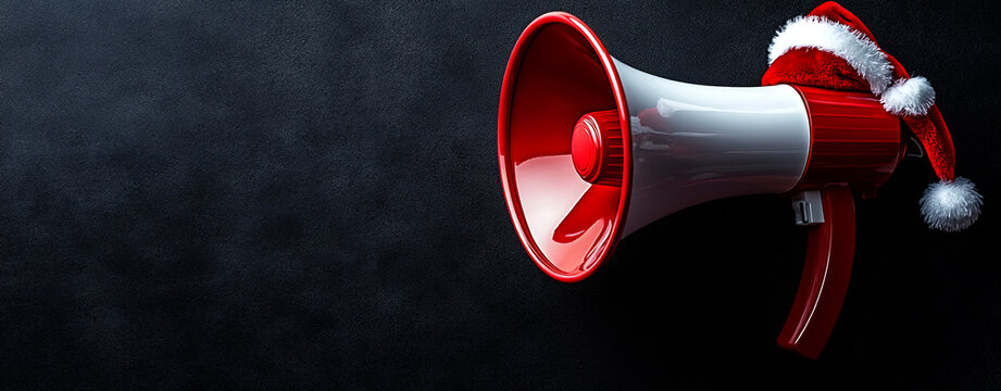  megaphone with a santa hat on a black background 