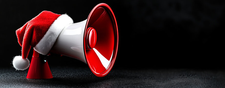  megaphone with a santa hat on a black background 