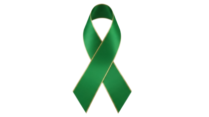 Isolated green awareness ribbon with gold trim in center; a meaningful symbol of hope