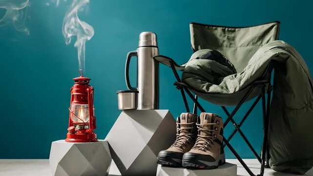 Camping essentials setup with chair boots lantern thermos and backpack in studio environment
