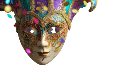 Venetian Carnival Mask with Confetti, isolated on transparent background