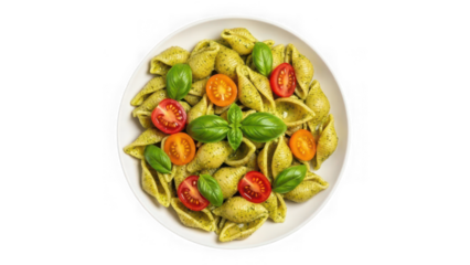Delicious pesto conchiglie pasta with cherry tomatoes and fresh basil leaves isolated on transparent background