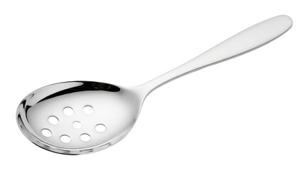 Isolated serving spoon with holes, food preparation, stainless steel kitchen utensils close-up