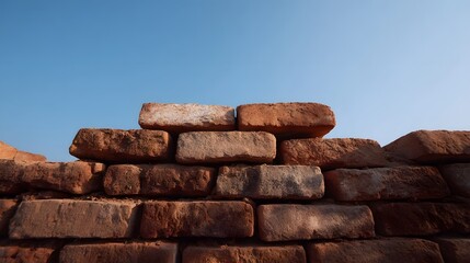 Close up view of an unfinished brick wall showcasing its textured surface against a vibrant clear blue sky