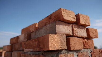 Fototapeta premium Stacked red clay bricks against a clear blue sky during daytime