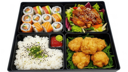 Japanese bento box lunch with sushi rolls, fried chicken, rice, and salad isolated on transparent background