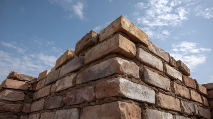 Fototapeta premium Close up of an unfinished brick wall corner against a bright blue sky with scattered clouds