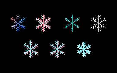 Set of 7 Minimal Snowflakes in Blue, Red and White Tones