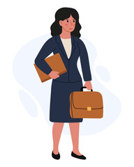 Business woman holding a briefcase and a folder in a simple business environment during daytime