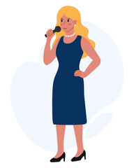 Woman singing with microphone at an event in a simple dress and heels during a performance in the evening