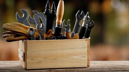 Toolbox filled with various hand tools and work gloves sits on an old wooden workbench