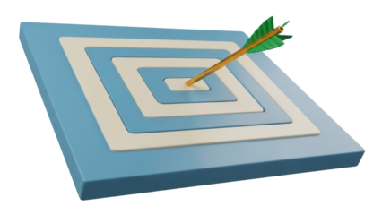 Isolated archery target with arrow hitting the center, 3d vector illustration, aiming, winning