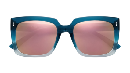 Isolated square sunglasses with blue frame and pink lenses for summer style and sun protection