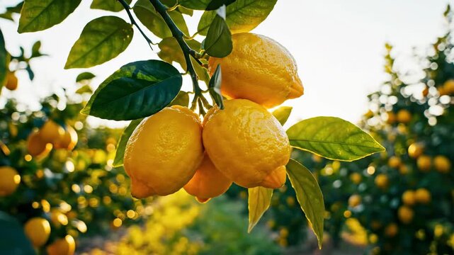 Bright yellow lemons cluster on a sunlit branch