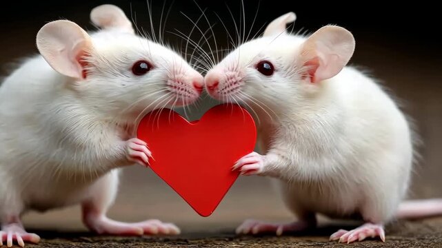 Two adorable white mice holding a red heart shape together, perfect for Valentine's day or any time you need a bit of love