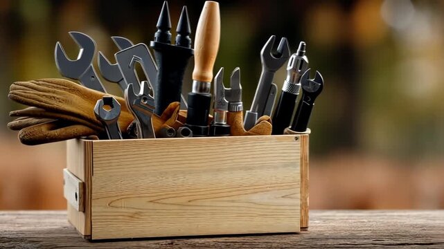 Toolbox filled with various hand tools and work gloves sits on an old wooden workbench