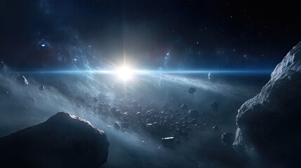 Von Neumann probe, a self-replicating interstellar spacecraft, in the process of building a copy of itself from raw materials gathered from an asteroid field, cinematic, deep space setting. 