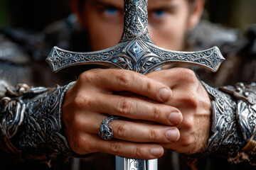 Warrior grips ornate sword with fierce determination in mystical forest setting