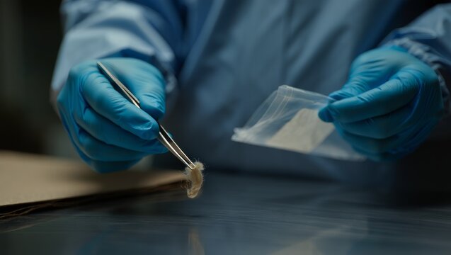 forensic technician collecting samples with gloved hands writing label for evidence tracking