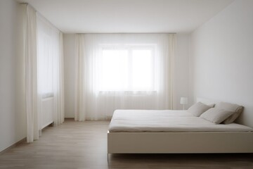 Fototapeta premium Minimalist bedroom interior with a white bed and neutral tones. Modern home with soft diffused lighting and clean lines. Simple design with copy space