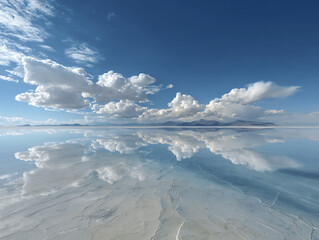 An aerial view of a clear blue sky over white clouds and snow-capped mountains above the sea horizon on a bright day