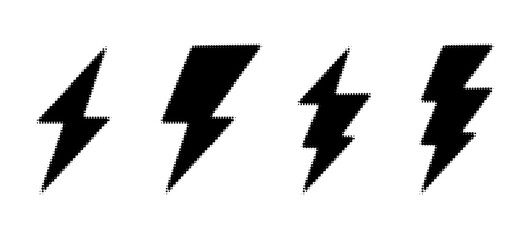 Halftone grunge lightning bolts set. black dotted flash thunderbolt. dotted thunder bolt symbol collection