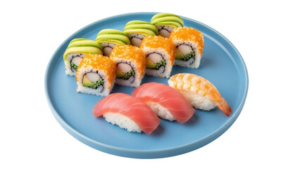 Isolated assorted sushi on a blue plate, featuring salmon nigiri, avocado rolls, and shrimp nigiri
