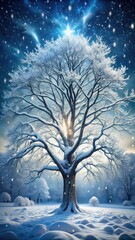 A snow-covered tree with intricate branches and snowflakes gently falling on its limbs