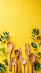 Wooden utensils on a yellow flat lay background with decorative wooden accents and greenery