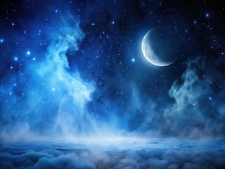 Dark blue sky with stars and moon in smoky night scene