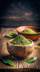 Wooden bowl with green tea powder and dried leaves on a table