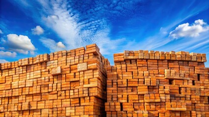 Weathered orange brick stack against a bright blue sky with a few wispy clouds