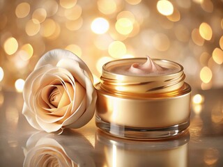 Luxurious golden cream in a jar with delicate rose gold hue and smooth texture