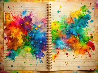 Old notebook paper with vibrant splatter of colorful paint