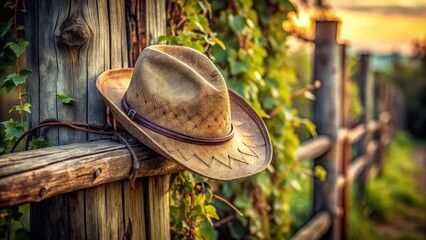 Old worn cowboy hat hanging on a weathered wooden fence post with vines and moss