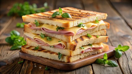 Thinly sliced ham layered between three slices of bread toasted with melted cheese and herbs