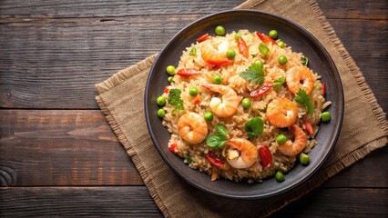 steaming plate of shrimp fried rice from overhead view