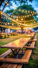 Empty Wooden Picnic Tables Under String Lights at Evening Food Truck Festival and Park