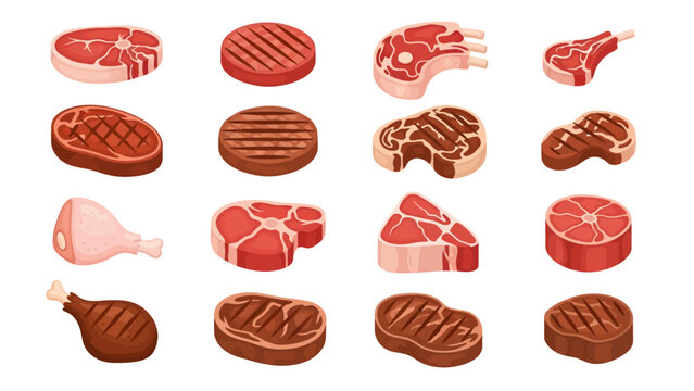 This colorful grid of isometric meat illustrations displays a variety of cuts, including steaks, ribs, burgers, and poultry, shown in both fresh raw stages and savory, char-grilled cooked forms