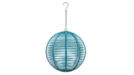Obraz premium Isolated turquoise bird feeder with hanging chain, metal sphere design, no background