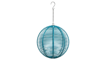 Isolated turquoise bird feeder with hanging chain, metal sphere design, no background