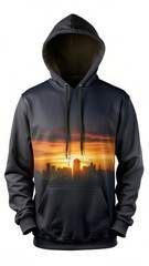 Dark hoodie on a white background with a cityscape at sunset
