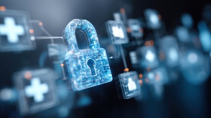 Digital padlock connected to medical and data icons