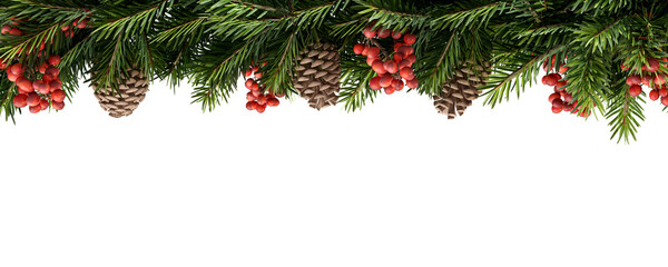 christmas tree branch with red berries isolated on white