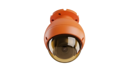 Isolated security camera, orange surveillance device on stand, monitoring protection, crime watch