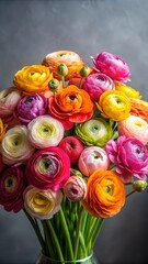 Bouquet of mixed ranunculus flowers in vibrant colors arranged against a clean grey backdrop