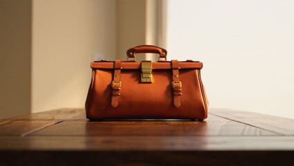 doctor bag on wooden table in side perspective with soft daylight and smooth leather folds in detail