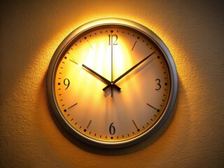 A large wall clock with six o'clock marked in bold font and illuminated by a soft glow